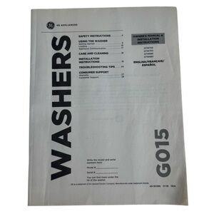 GE Washer Manual G015 for GTW755 GTW750 GTW685 GTW680, manual 49-90586 01-18 GEA